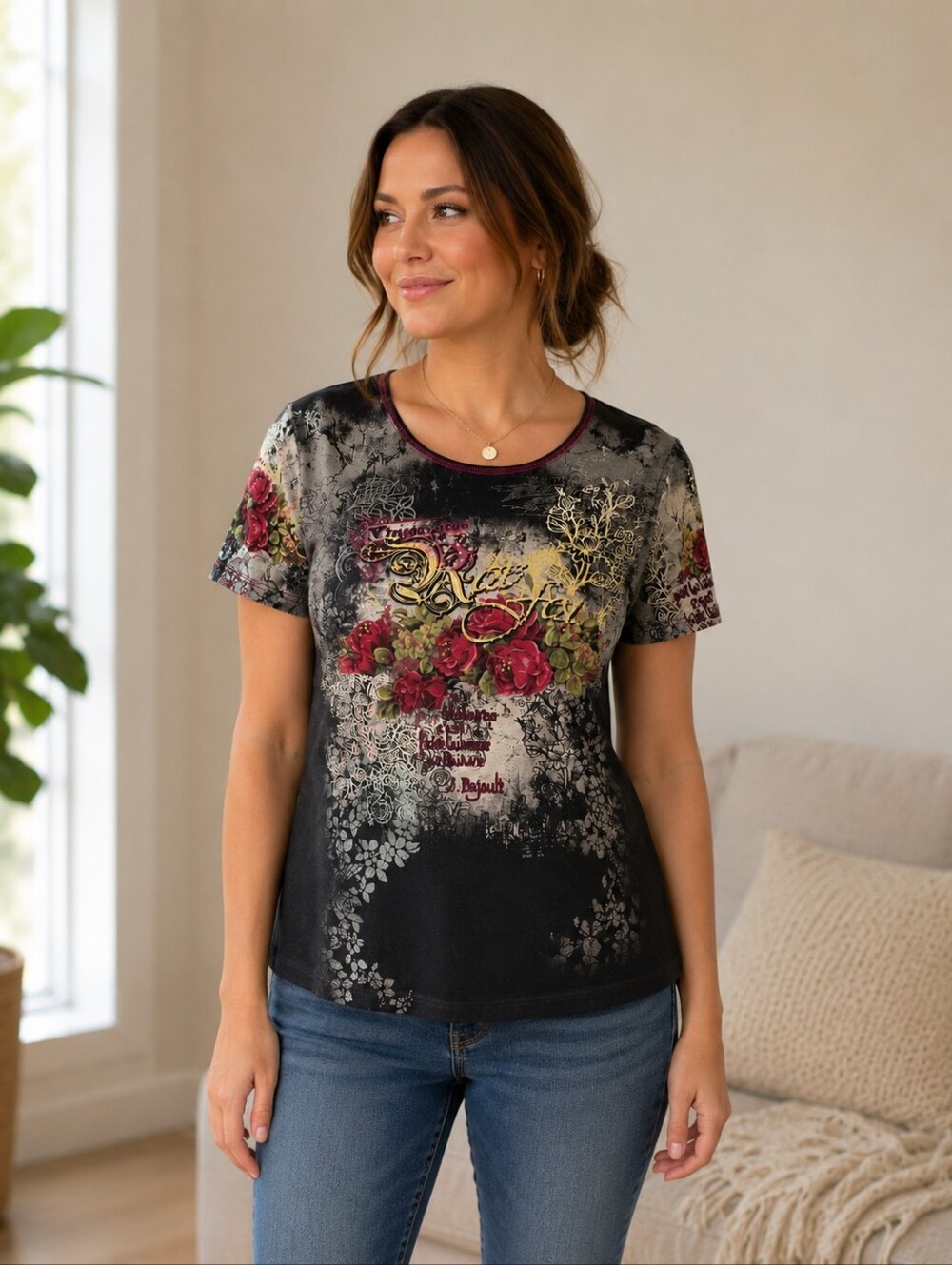 Cactus Women XL T-Shirt Black Grey Floral Rose French Script Cotton USA Made Y2K